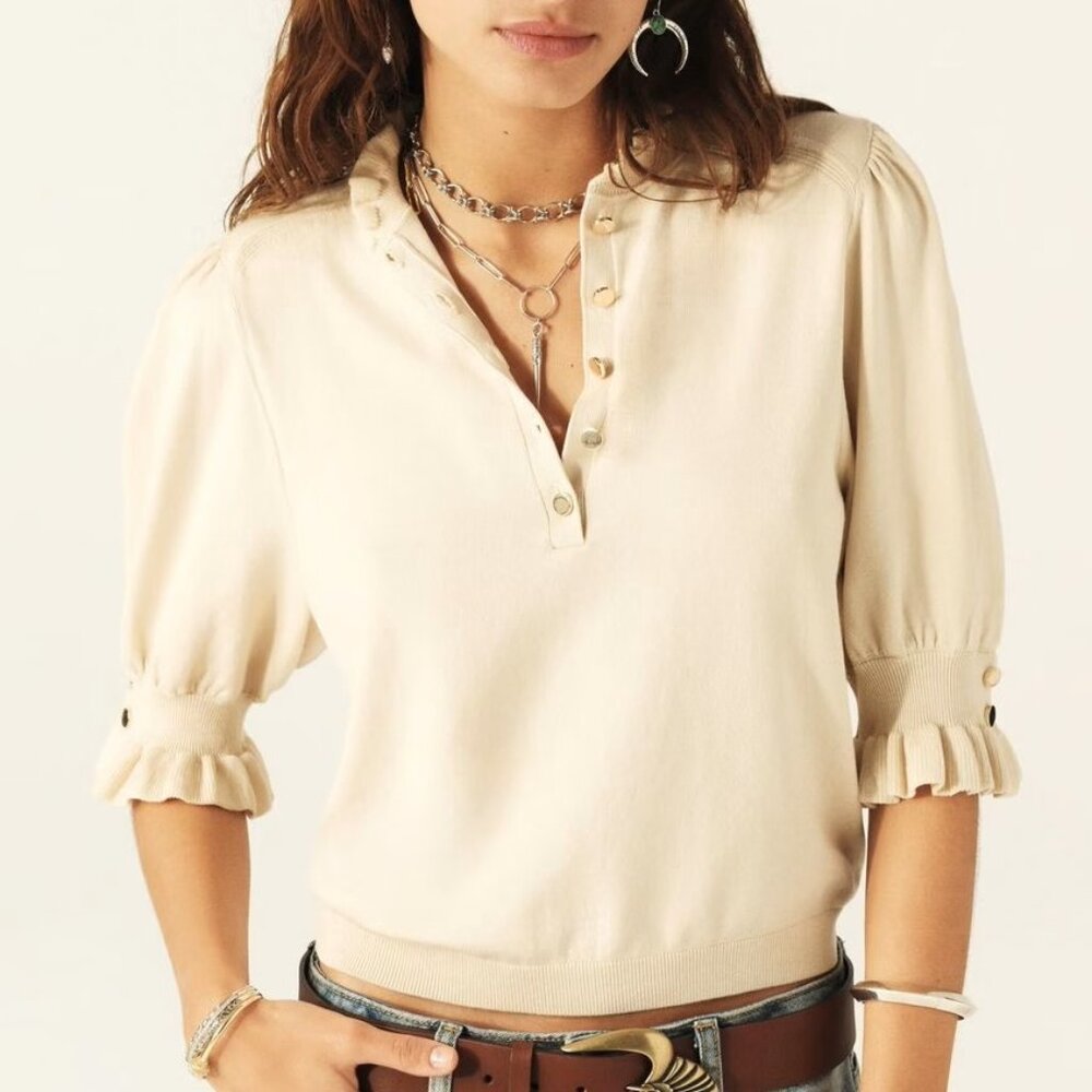 ba&sh Cream Puff-Sleeve Knit Sweater